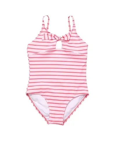 Snapper Rock Girls' Coral Stripe Sustainable Bow Swimsuit - Little Kid, Big Kid In Pink