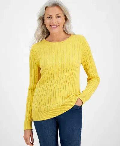 Style & Co Petite Cotton Cable-knit Crewneck Sweater, Created For Macy's In Cornmeal Yellow