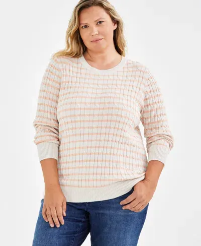 Style & Co Plus Size Cotton Striped Cable-knit Crewneck Sweater, Created For  In Stripe Beige