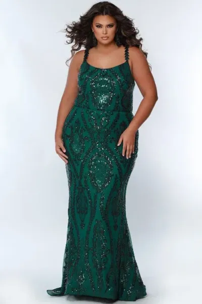 Sydney's Closet Sydneys Closet Plus Size Scoop Neck Fitted Sequin Evening Gown In Green