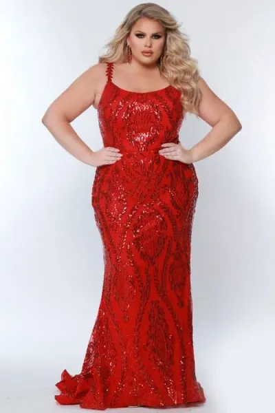 Sydney's Closet Sydneys Closet Plus Size Scoop Neck Fitted Sequin Evening Gown In Red