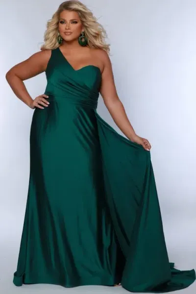 Sydney's Closet Sydneys Closet Simple One Shoulder Fitted Plus Size Formal Dress With Cape In Forest