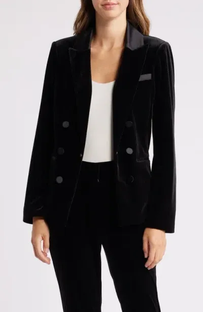 Tahari Asl Faux Double Breasted Velvet Blazer In Black