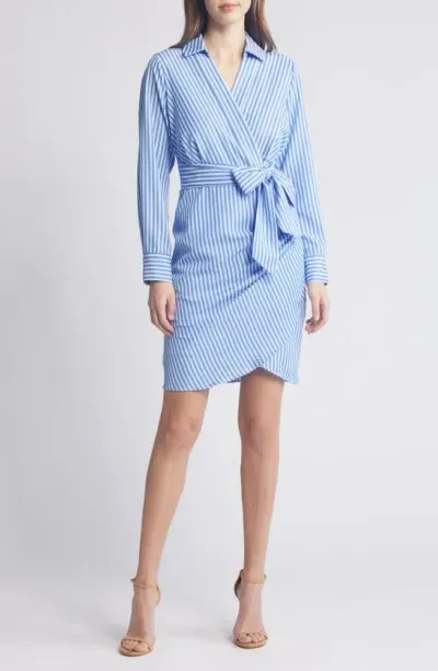 Tahari Asl Stripe Long Sleeve Faux Wrap Dress In Blue Aqua