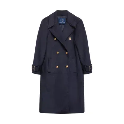 Tantra Spain Sl Women's Blue Long Double-breasted Cloth Coat With Pockets And Buckle Detail On Sleeves Navy