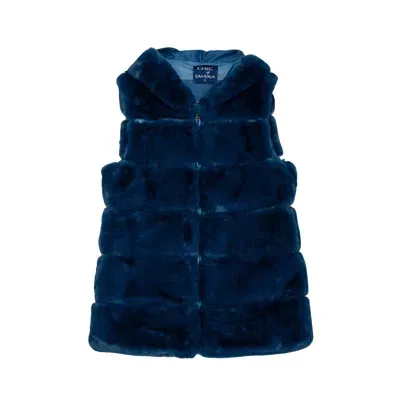 Tantra Spain Sl Women's Hooded Fur Vest With Zip Closure Blue