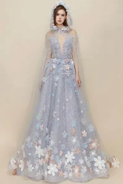 The Atelier Couture Willow Gown With Cape (us 10) In Blue