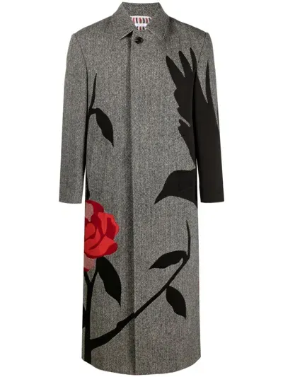 Thom Browne Harris-tweed Embroidered Long Coat In Black