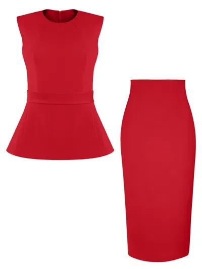 Tia Dorraine Women's Fierce Red Sleeveless Top & Pencil Midi Skirt Set