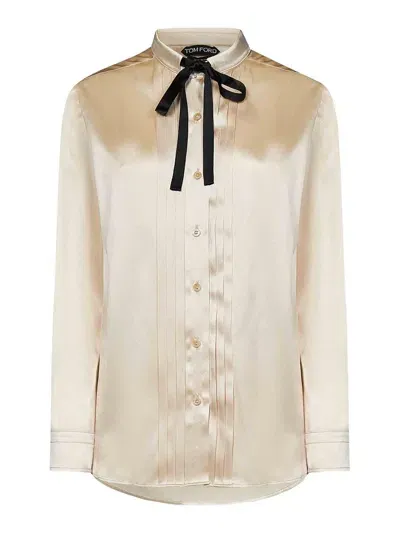 Tom Ford Pintuck Detail Satin Shirt In Beige