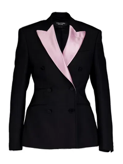 Tom Ford Double Breasted Satin Lapel Contrast Jacket In Black