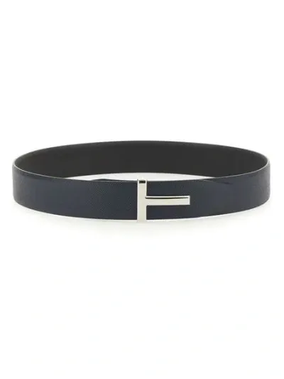 Tom Ford Reversible Leather T Buckle Belt For Men In Blue