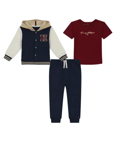 Tommy Hilfiger Baby Boy Fleece Hooded Baseball Jacket, Short Sleeve Tee And Joggers 3-piece Set In Assorted