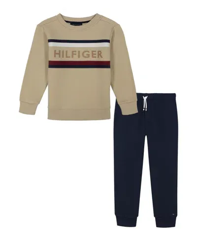 Tommy Hilfiger Kids' Toddler Boy Chest Stripe Fleece Crewneck Joggers, 2-piece Set In Safari,navy Blazer