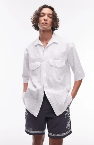 Topman Pinstripe Relaxed Short Sleeve Button-up Shirt In White