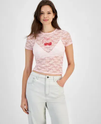 Ultra Flirt Juniors' Graphic Lace Tee In Ballet Slipper