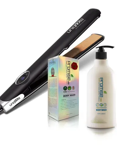 Uniqkka Unisex 16.9oz Ultimate Beauty Bundle: Nano Fiber Flat Iron Pro & Promise Cbd Body Wash In White