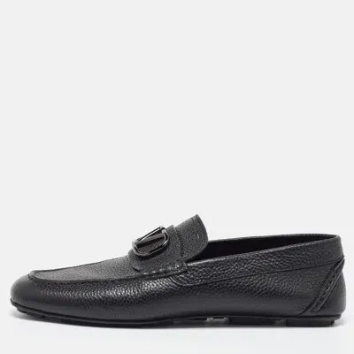 Pre-owned Valentino Garavani Black Leather Escape V Logo Slip On Loafers Size 43