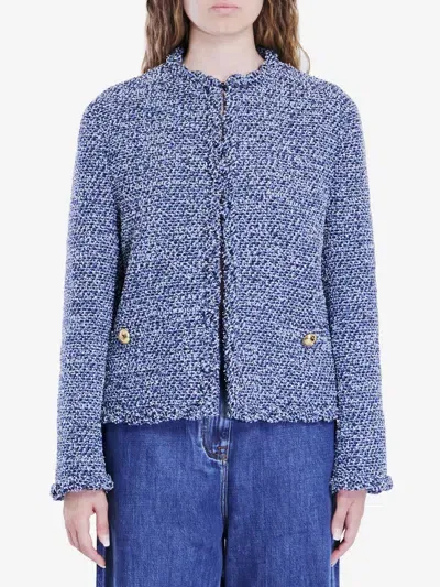 Valentino Elegant Denim Blue Textured Tweed Jacket In Multicolor