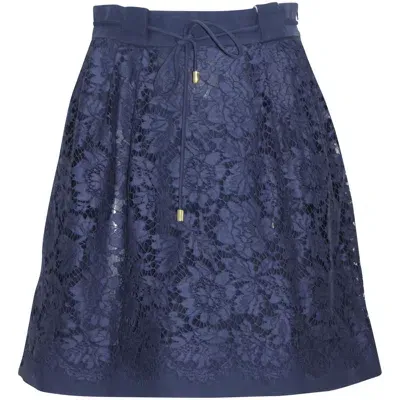 Valentino Gathered Lace Skirt In Navy Blue Polyamide