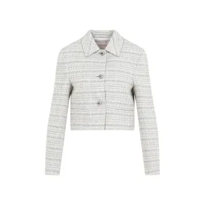 Valentino Gray And Blue Tweed Blazer In White