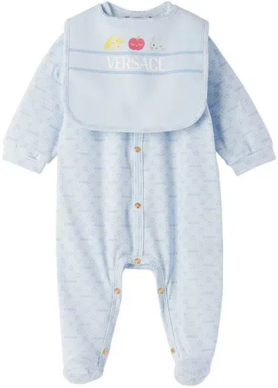 Versace Baby Blue ' Morning' Jumpsuit & Bib Set In 2v510-lightblu+multi