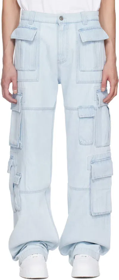 Versace Blue Paneled Denim Cargo Pants In Light Blue