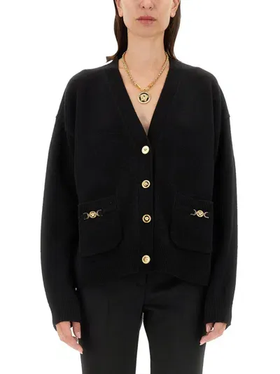 Versace Cashmere Blend Knit Boxy Cardigan In Black