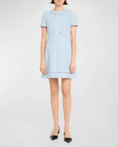 Versace Checked Wool Crepe Mini Dress In Pastel Bluewhite