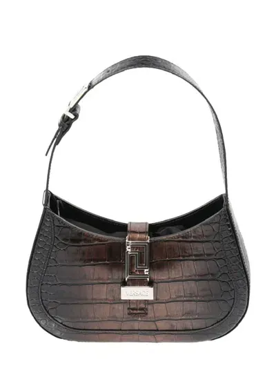 Versace Crocodile-effect Leather Shoulder Bag In 1x44p Soil Palladium