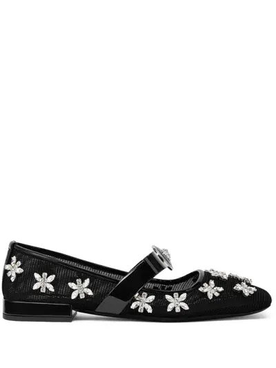 Versace Gianni Ribbon Crystal-embellishment Ballerina Shoes In Black+silver