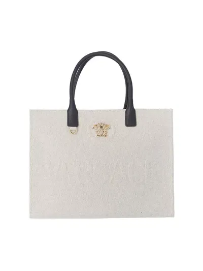 Versace Large La Medusa Canvas Tote Bag In White