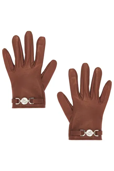 Versace Leather Gloves In Moka & Palladio