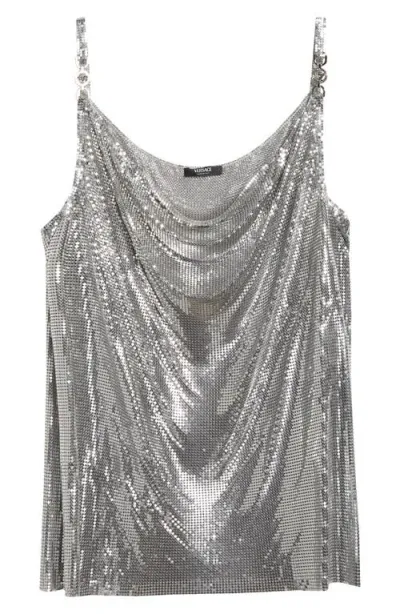 Versace Medusa Cowl Neck Metal Mesh Camisole In Silver