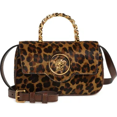 Versace Mini La Medusa Leopard Print Genuine Calf Hair Top Handle Bag In Brown