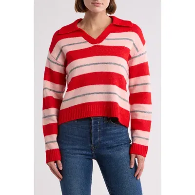 Vigoss Prep Stripe Johnny Collar Polo Sweater In Candy Apple