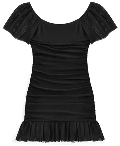 With Jules Kids' Big Girls Ruched Flutter-sleeve Mesh Dress In Black