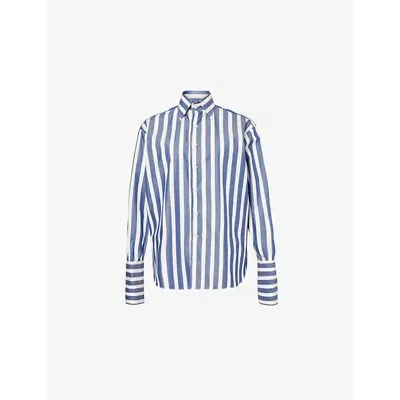 Woera Womens Blue Stripe Stripe-pattern Curved-hem Cotton Shirt