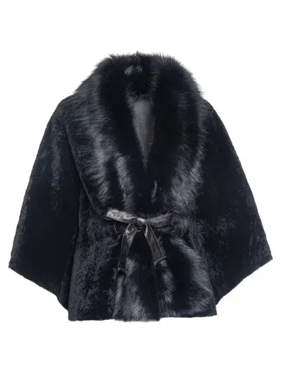 Wolfie Furs Women's Belted Shearling Robe In Black