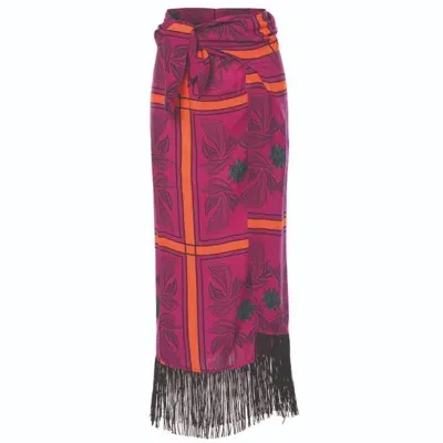 Women&women Women's Pink / Purple Balia Black Fringed, Colorful Design Patterned, Midi Slit Pareo Skirt In Pink/purple