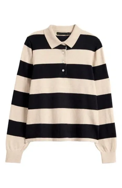 Wyeth Stripe Cotton & Cashmere Polo Sweater In Black/sand