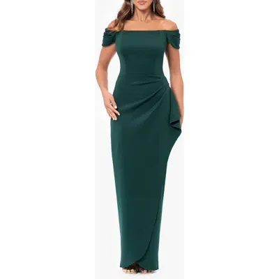 Xscape Evenings Ruched Off The Shoulder Scuba Crepe Gown In Hunter