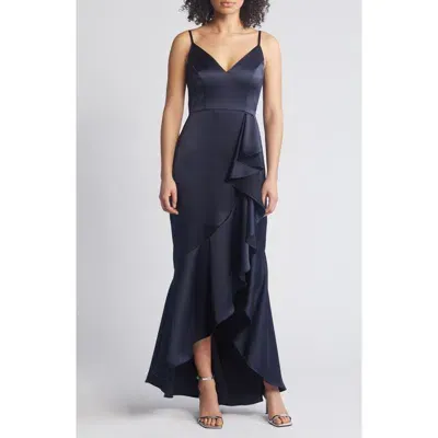 Xscape Evenings Side Ruffle Satin Midi Dress In Navy