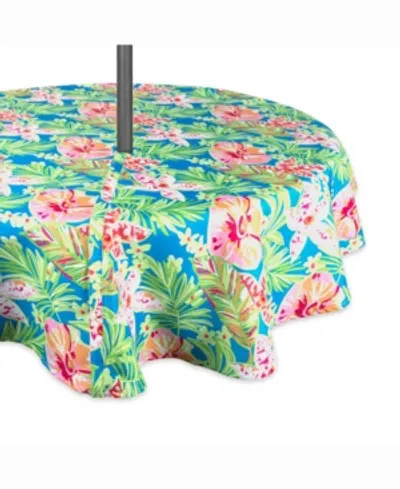 Design Imports Summer Floral Outdoor Table Cloth With Zipper 60" Round In Blue