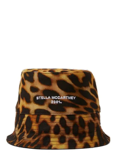 Stella Mccartney Orange Leopard Print Logo Cotton Bucket Hat In Natural