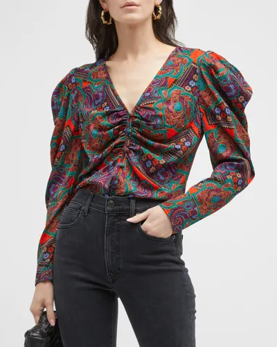 Veronica Beard Simmons Printed Ruched Blouse In Flame Red Multi