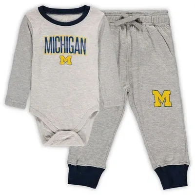 Wes & Willy Babies' Infant Boys And Girls  Heathered Gray, Navy Michigan Wolverines Jie Jie Long Sleeve Bodys In Heathered Gray,navy