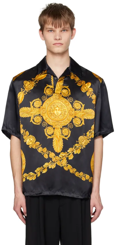 Versace Informal Shirt Viscose Satin Fabric With Heritage Print In Black Gold