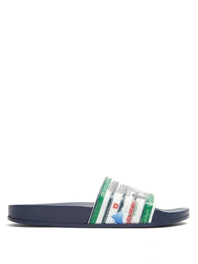 Vetements Navy Blue Printed Slides In Black