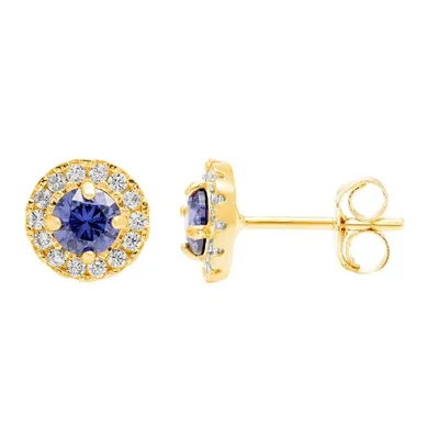 Ballstudz 14k Yellow Gold 8mm Cz Halo Stud Earrings, With Pushback, Women's, Unisex In Blue